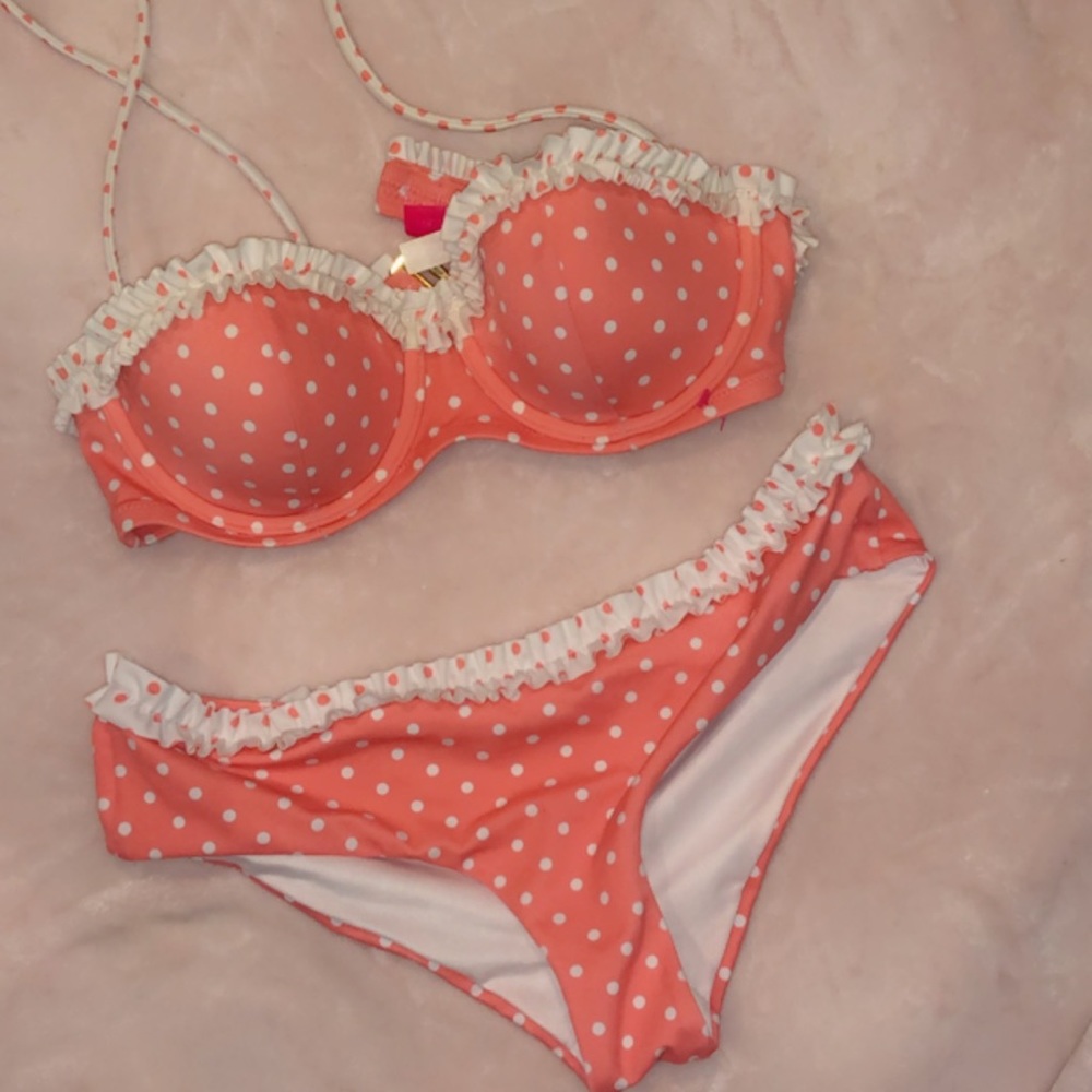 Victoria's Secret Coral and White Polka Dot Bikini
